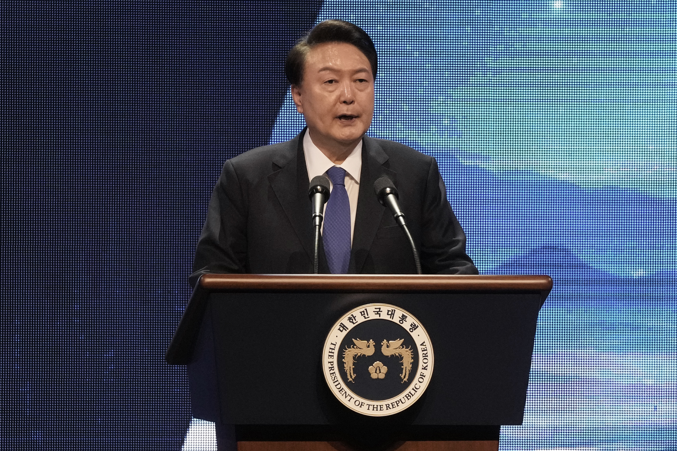 South Korean President Yoon Suk Yeol speaks during a ceremony to mark the 74th anniversary of the outbreak of the Korean War in Daegu, South Korea, Tuesday, June 25, 2024. (AP Photo/Ahn Young-joon, Pool)